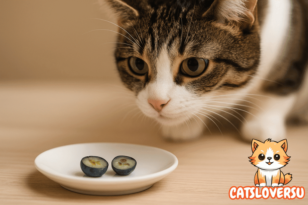Cat sniffing a cut blueberry – safe treat or not?