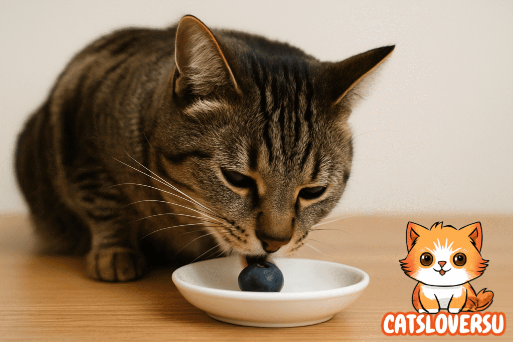 Cat eating a blueberry safely from a small dish