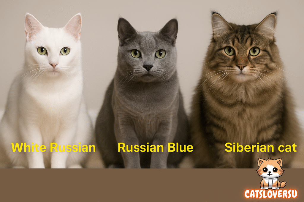 Comparison of White Russian cat, Russian Blue, and Siberian cat
