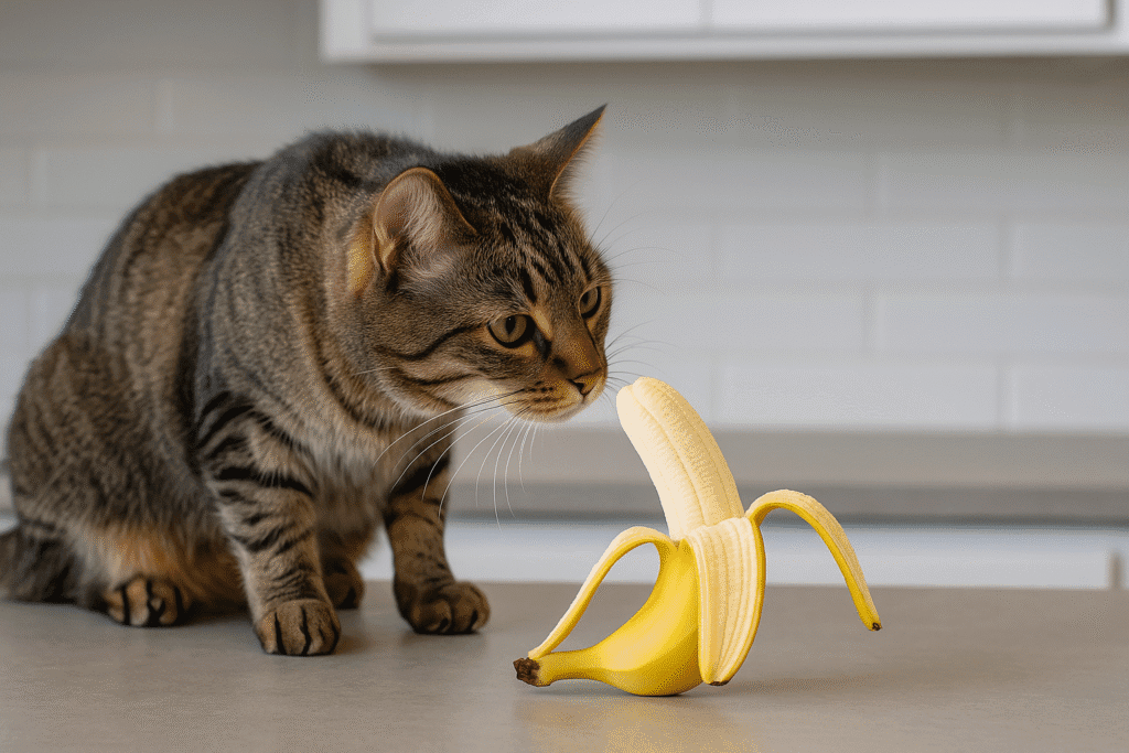 A curious cat sniffing or sitting next to a peeled banana Cat sniffing a banana on a kitchen counter”